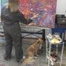 painting in the studio on the painting moving colors and in good company of my sweet dog Voscha