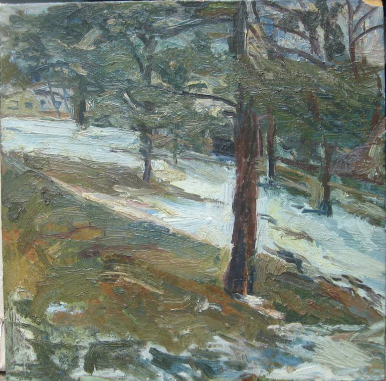 Uphill with Evergreen and Snow Patches Painting by David Cerne ...