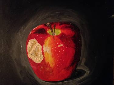 oil painting of apple eaten thumb