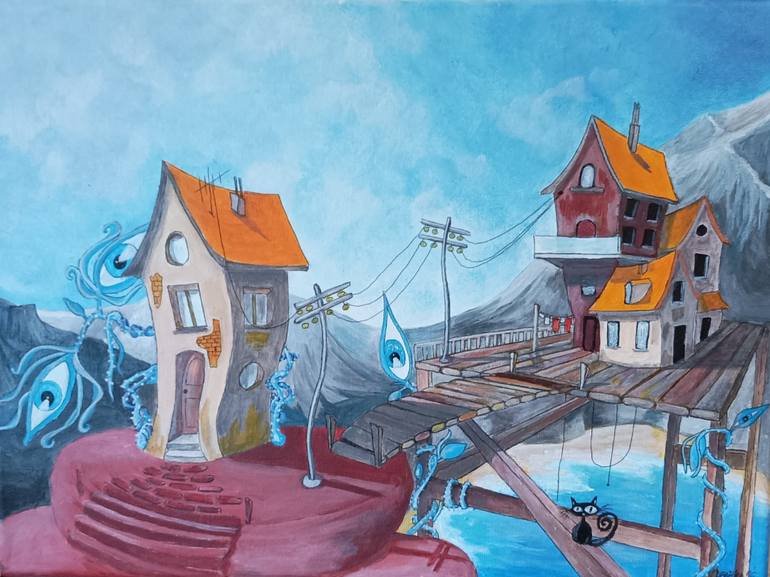 Original Architecture Mixed Media by Jovanka Stokic | Abstract Art on Acrylic | Tree of Life III: City on the Edge of Silence