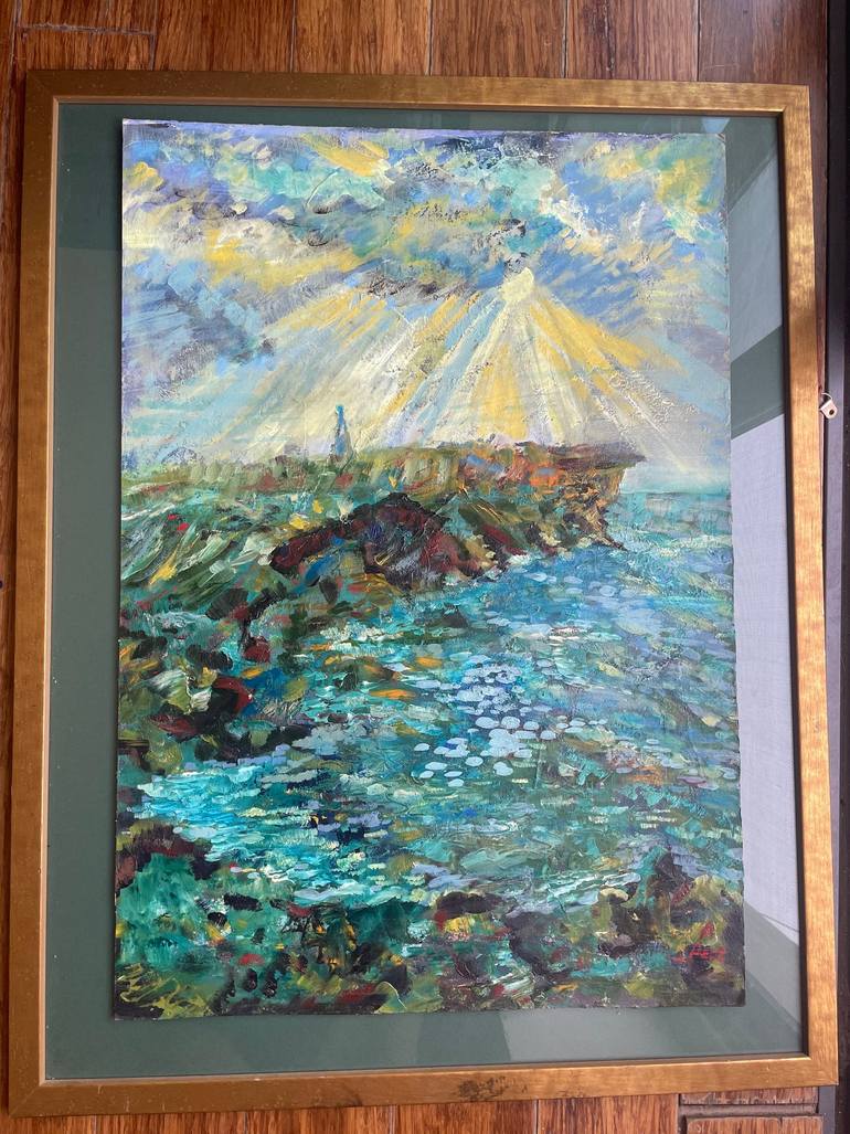 Original Beach Painting by Anastasia Pace | Art Nouveau Art on Paper | Sun above the sea