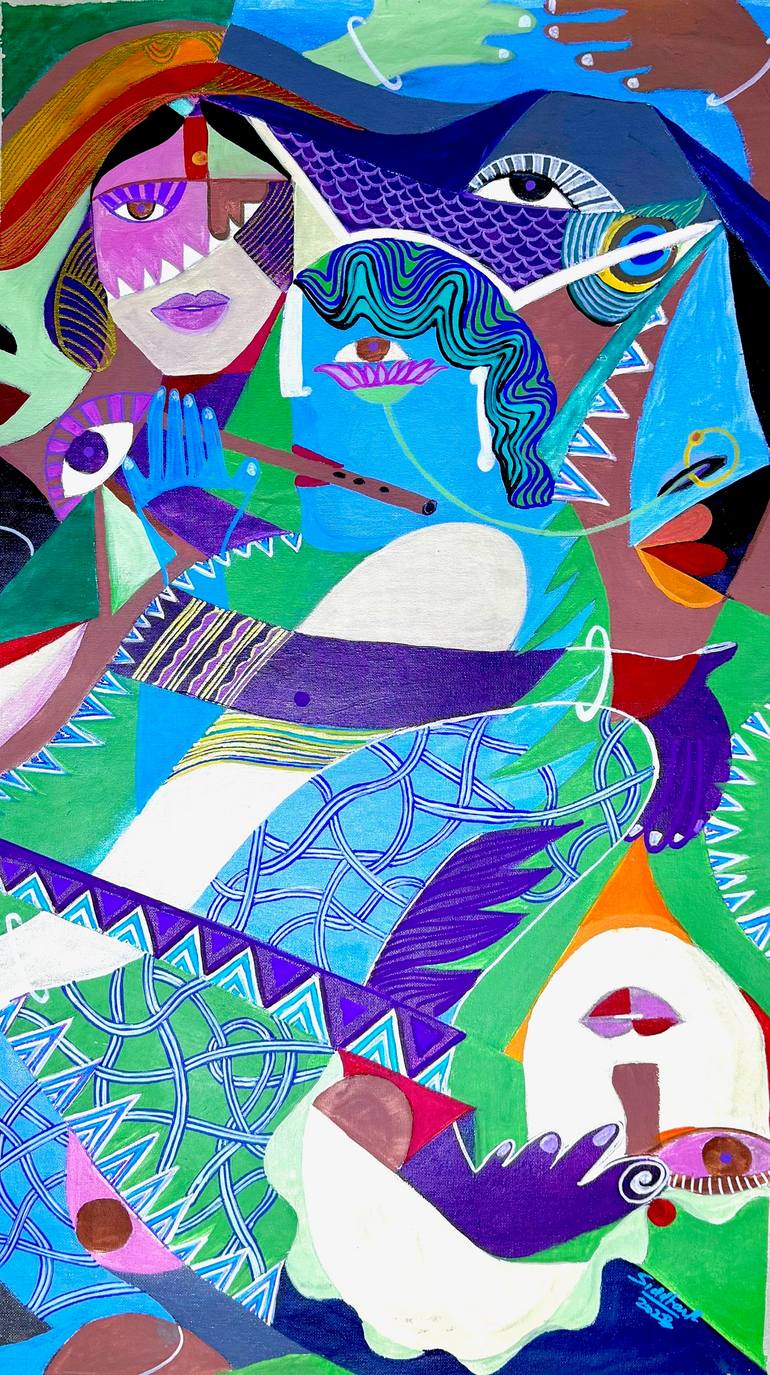 Krishna and the embrace of Time (Timism I) Original Painting by sid katragadda