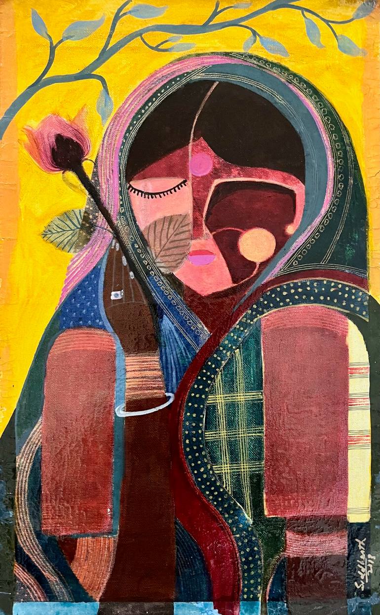 Lady with Flower XIII (Flower Series) Original Painting by sid katragadda