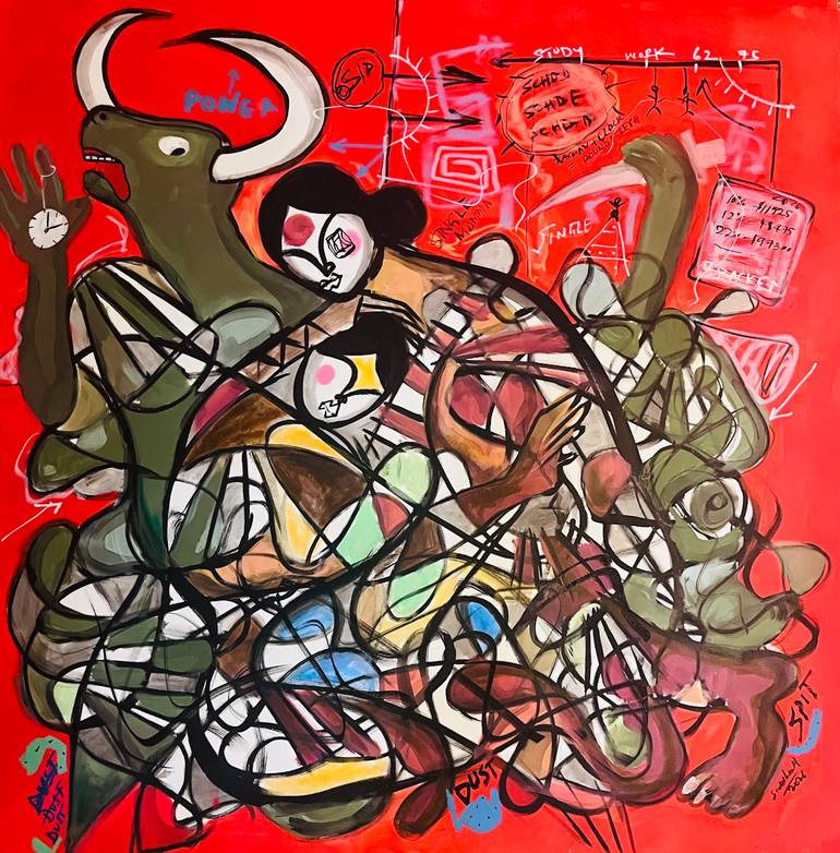 Woman shielding Baby (Red/War Series) Original Painting by sid katragadda
