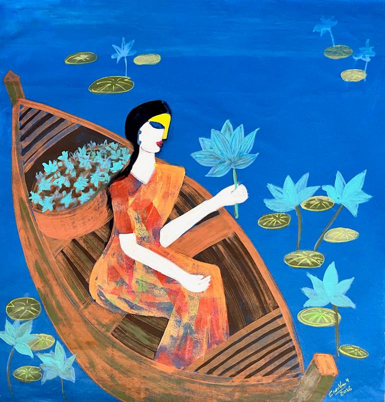 Original Other Painting by Siddharth Katragadda | Abstract Expressionism Art on Canvas | The Flower Pickers of Loktak Lake I