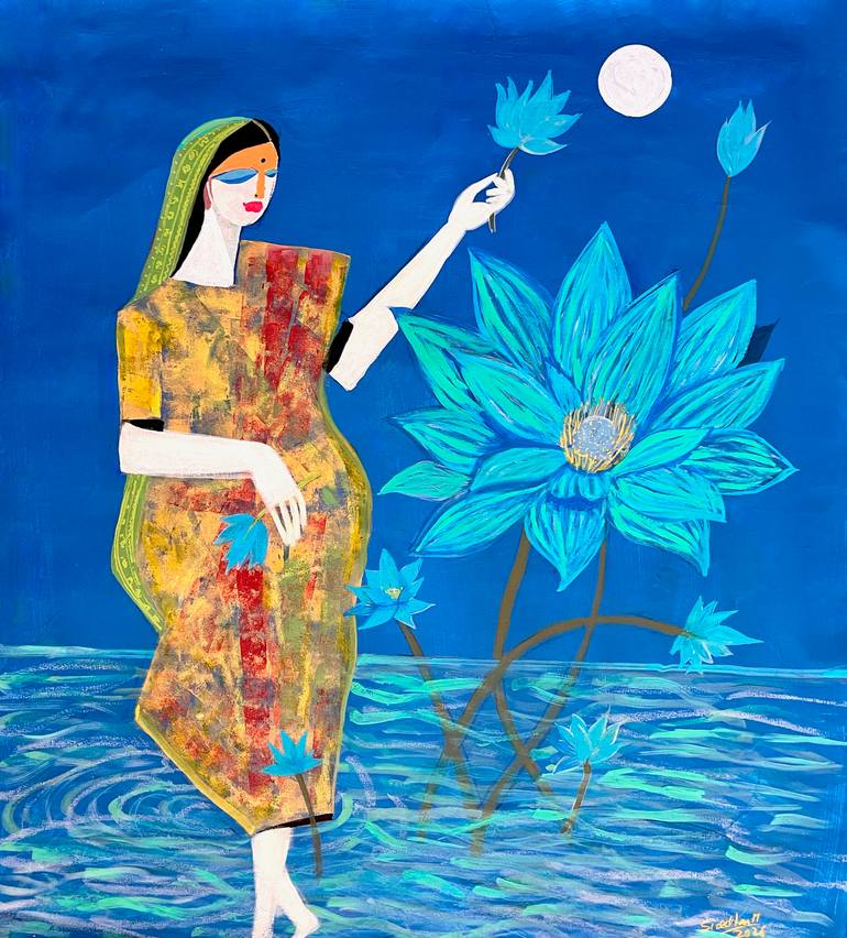 Original Other Painting by Siddharth Katragadda | Abstract Expressionism Art on Canvas | The Flower Pickers of Loktak Lake III