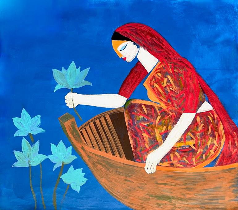 Original Other Painting by Siddharth Katragadda | Abstract Expressionism Art on Canvas | The Flower Pickers of Loktak Lake IV