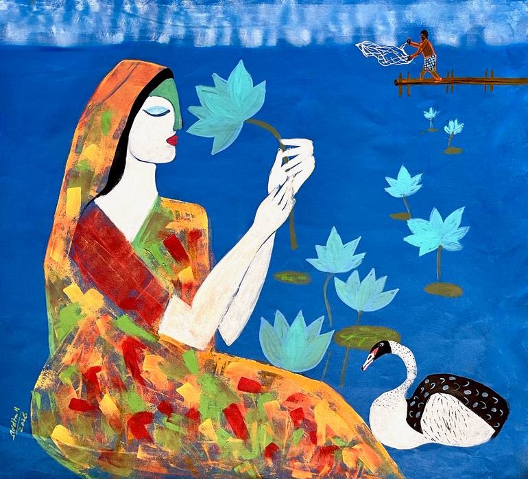 Original Other Painting by Siddharth Katragadda | Abstract Expressionism Art on Canvas | The Flower Pickers of Loktak Lake VI