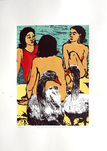 Drei Badende mit zwei Schwänen - three bather with two swans thumb