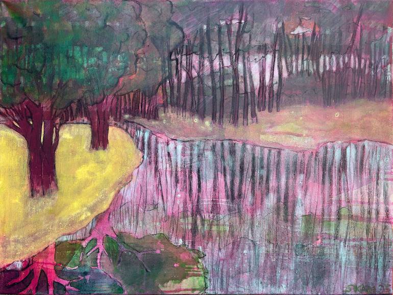 Original Landscape Painting by Skadi Engeln | Contemporary Art on Canvas | gelbes Land am See 2 - yellow fields by the lake 2