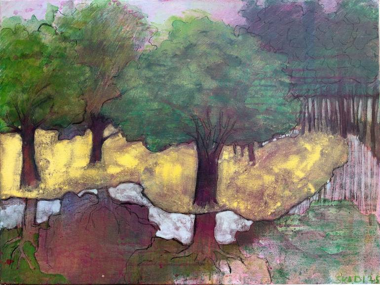 Original Landscape Painting by Skadi Engeln | Contemporary Art on Canvas | gelbes Land am See 1 - yellow fields by the lake 1