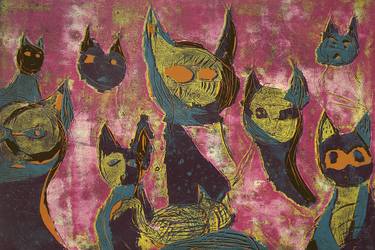 Original Cats Printmaking by ozgun evren erturk