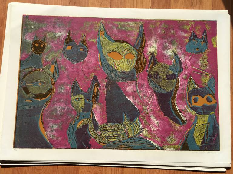 Original Illustration Cats Printmaking by ozgun evren erturk