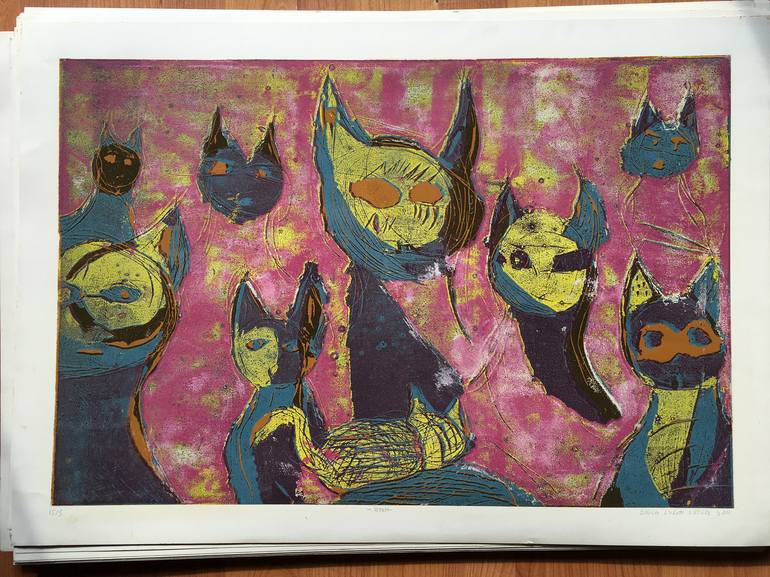 Original Fine Art Cats Printmaking by ozgun evren erturk