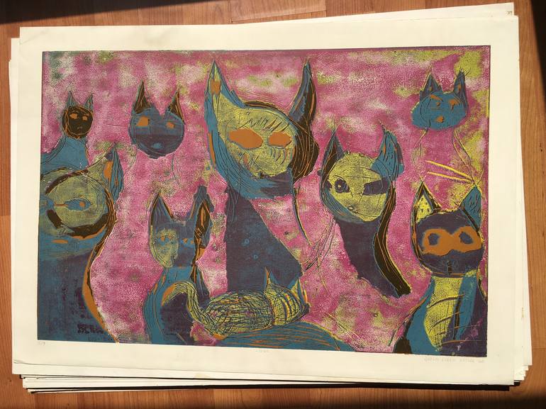 Original Illustration Cats Printmaking by ozgun evren erturk