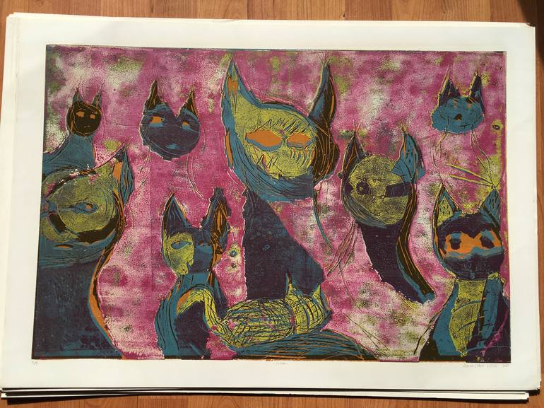 Original Cats Printmaking by ozgun evren erturk