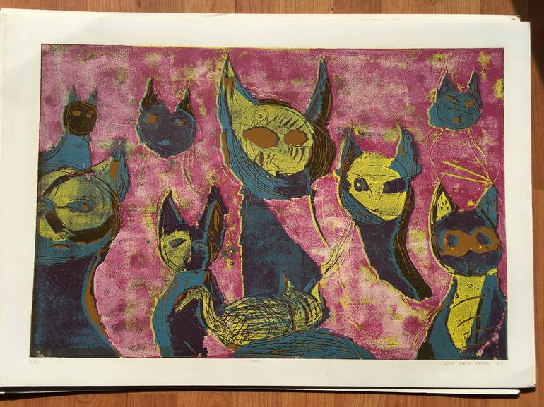 Original Illustration Cats Printmaking by ozgun evren erturk