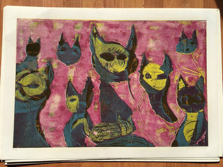 Original Cats Printmaking by ozgun evren erturk