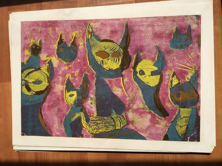 Original Cats Printmaking by ozgun evren erturk