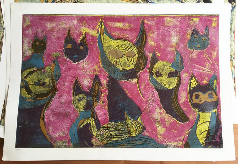 Original Illustration Cats Printmaking by ozgun evren erturk