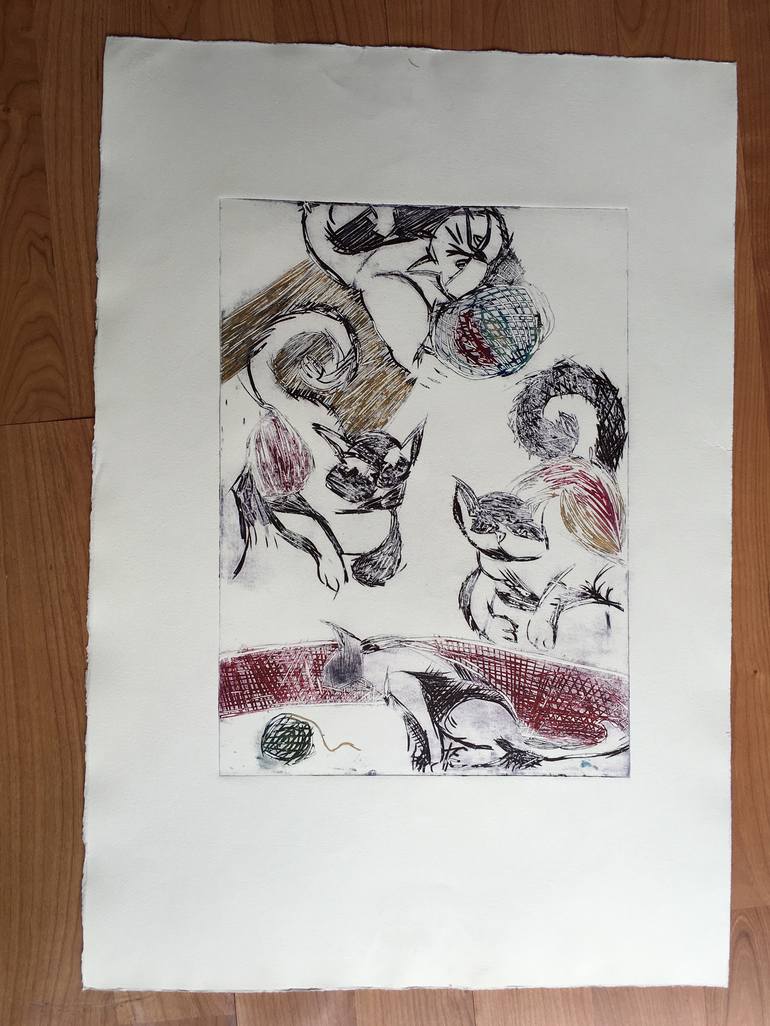 Original Figurative Cats Printmaking by ozgun evren erturk