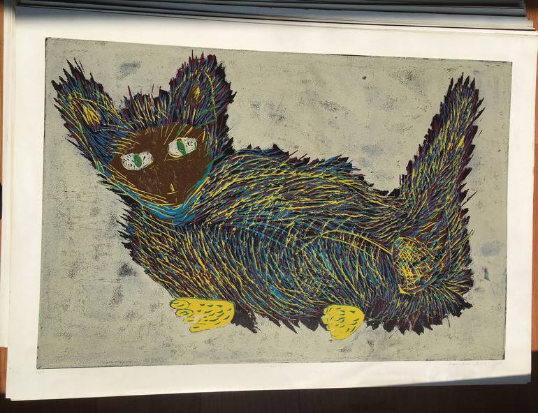 Original Cats Printmaking by ozgun evren erturk