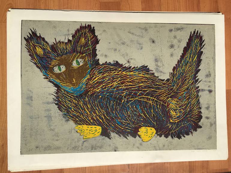 Original Illustration Cats Printmaking by ozgun evren erturk