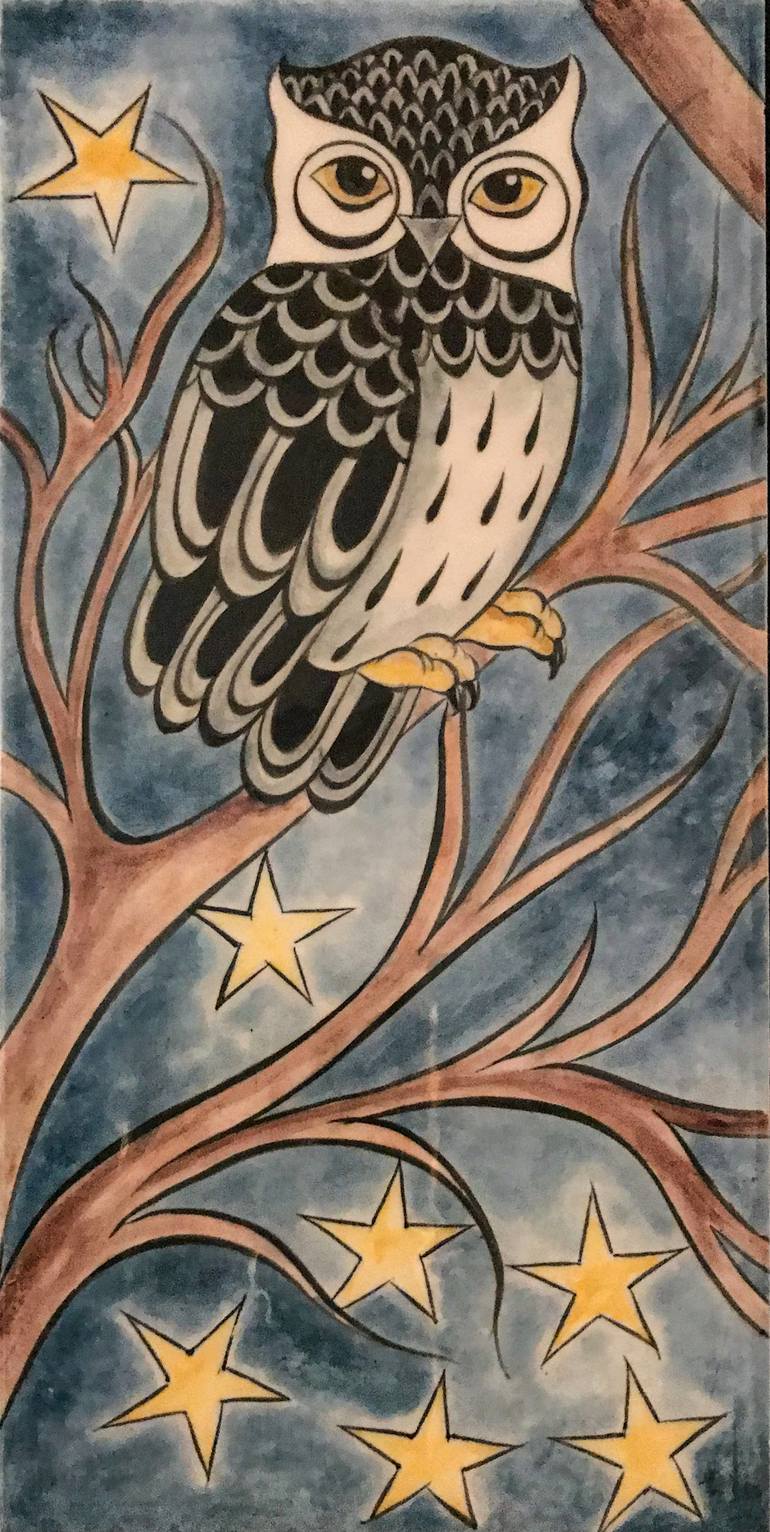 wise owl on tree branch - Print