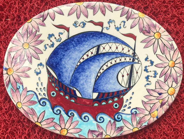 tile art flower and ship  plate - Print