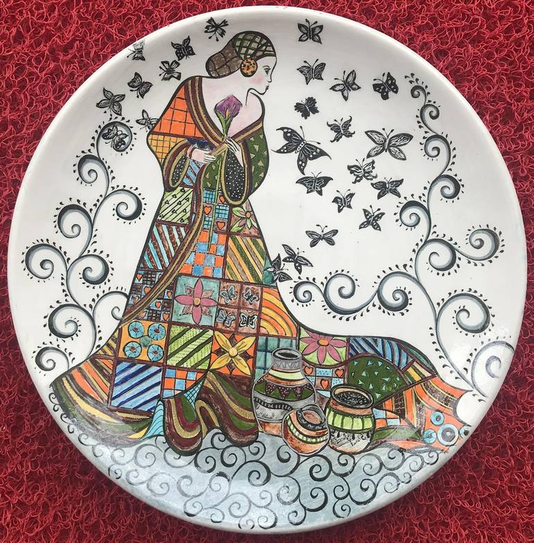 tile art plate girl and butterflies - Print