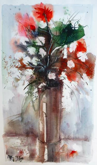 Still life with red and white flowers thumb