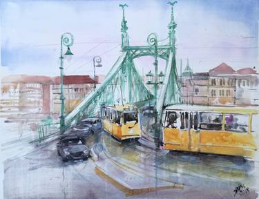 Budapest-yellow tram crossing the Liberty bridge thumb