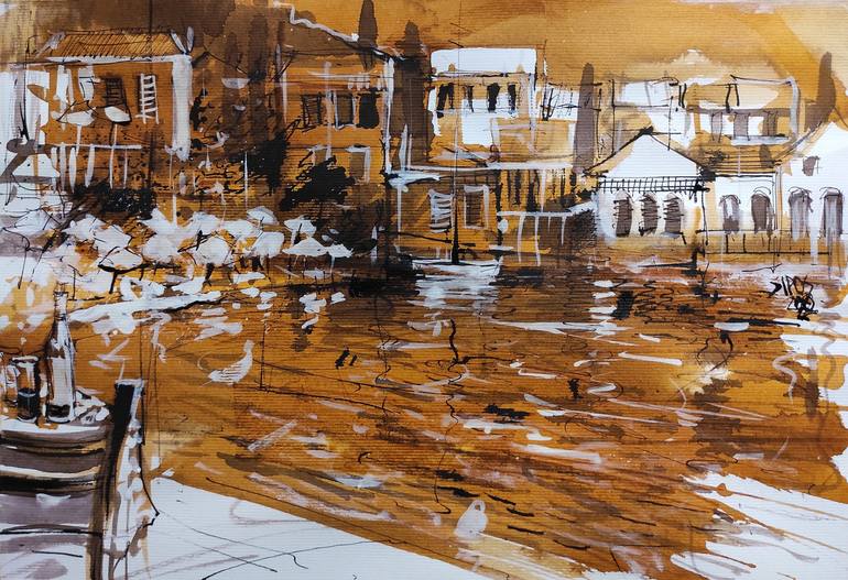 Original Seascape Painting by Lorand Sipos | Impressionism Art on Paper | A glass of red wine by the beach.