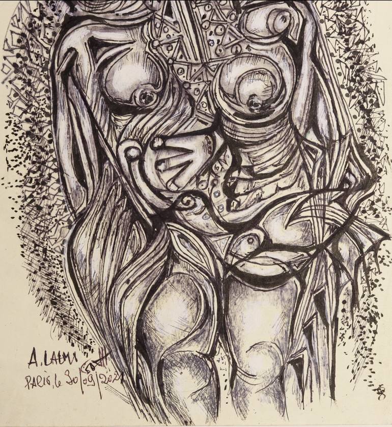 Original Expressionism Women Drawing by A LALMI