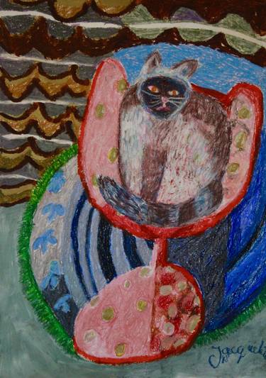 Original Impressionism Cats Drawings by Jacqueline van der Plaat