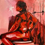 RED LADY IN A SEATED POSE by Shant Beudjekian