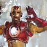 The painting is inspired by the old Marvel comics, in fact the man of iron is represented with the old 70th armor, not the one we are used to seeing in the recent Avengers films.
The superhero raises his hands after emitting his repulsive rays, behind the silhouette of Hulk immersed in the fumes of the battle, also represented in the first version, the gray one not green.