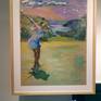 girl finishing strike on the golf field, in the beautiful landscape