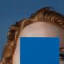 portraiture of a woman's face, covered with a blue rectangle, standing in a background of a blue sky