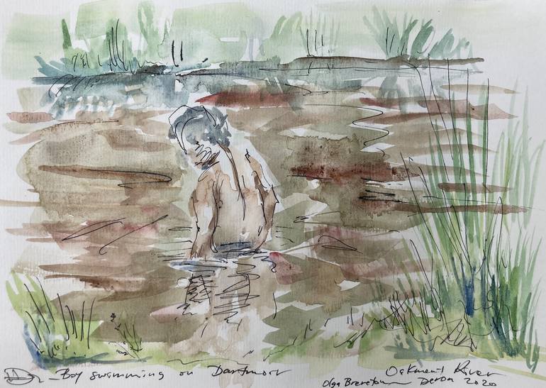 Boy Swimming on Dartmoor Painting by Olga Brereton