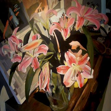 Oriental Lilies in Glass vase. thumb