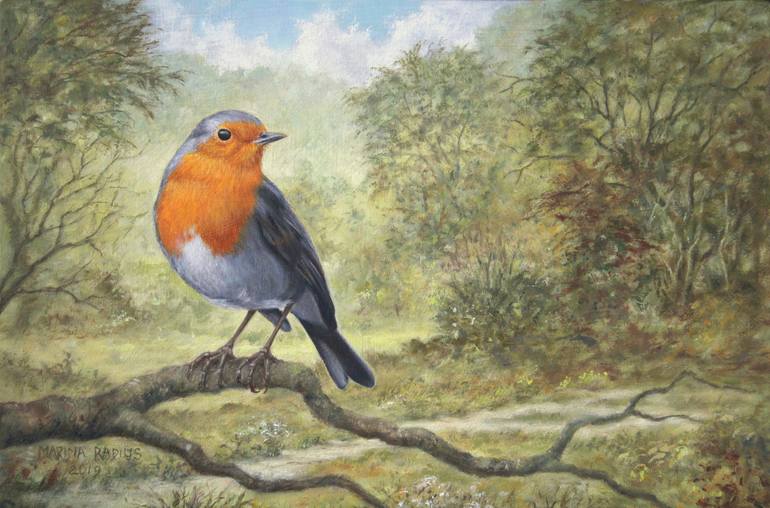 Robin in wooded landscape Painting by Marina Radius 