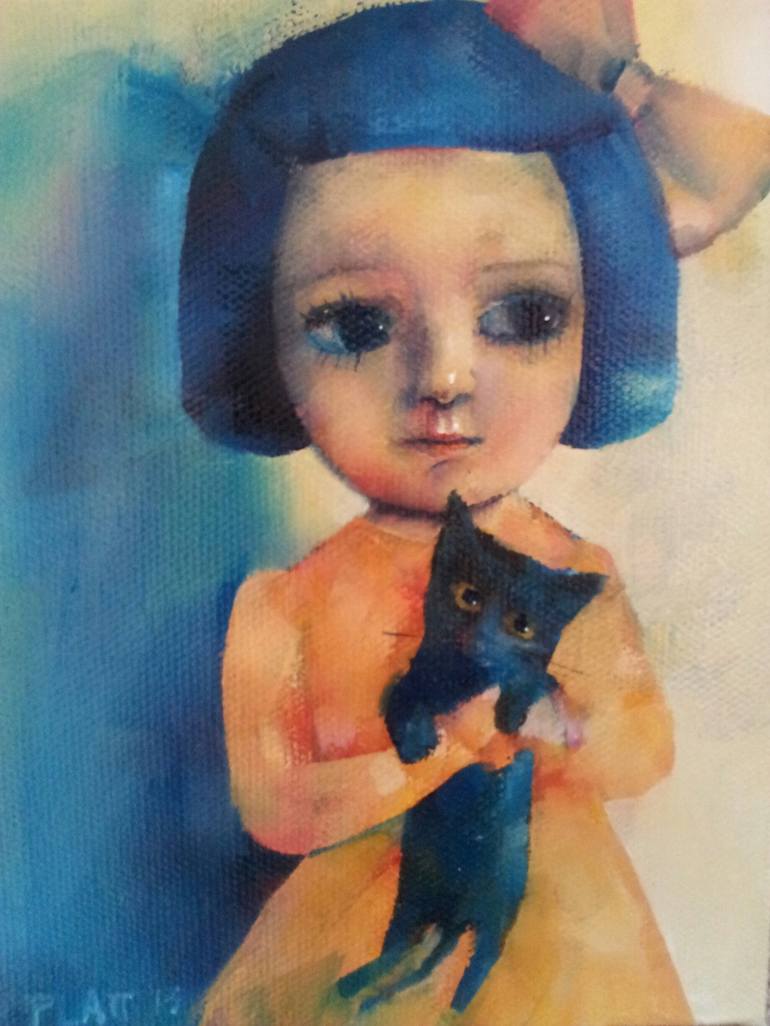 Little Girl with Black Kitten Painting by Suzy Platt | Saatchi Art