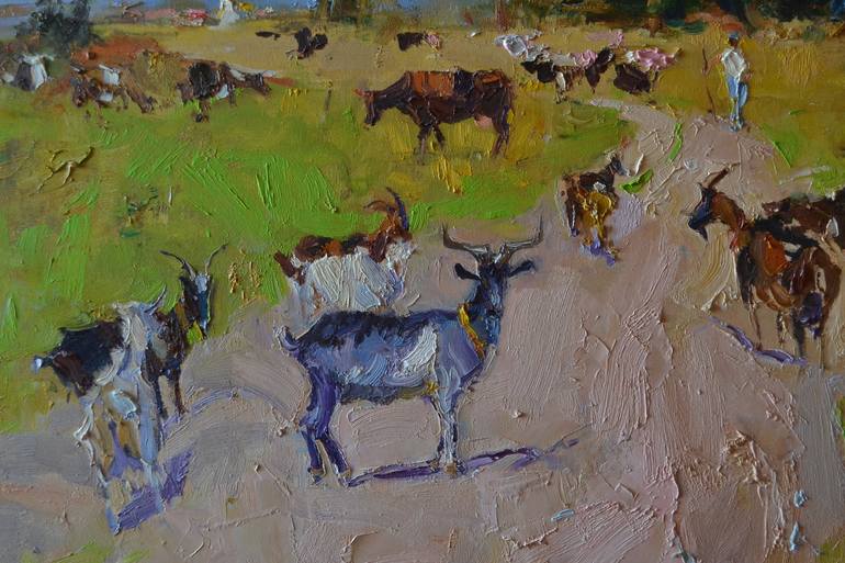 Original Impressionism Cows Painting by Shandor Alexander