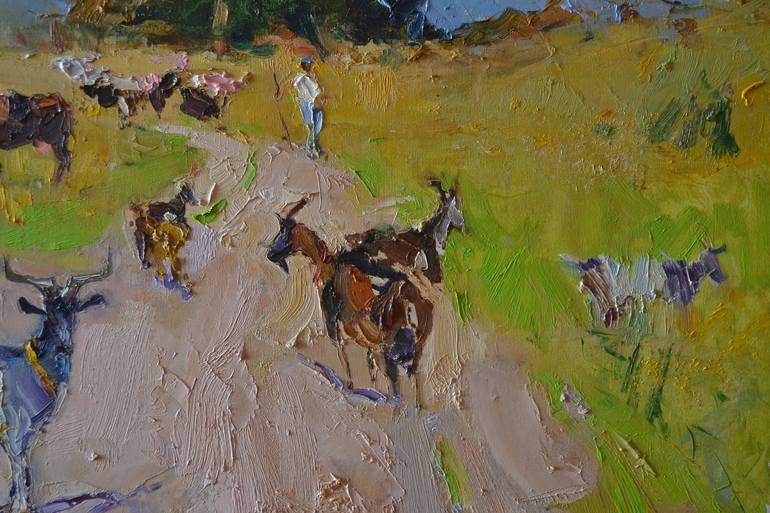 Original Impressionism Cows Painting by Shandor Alexander