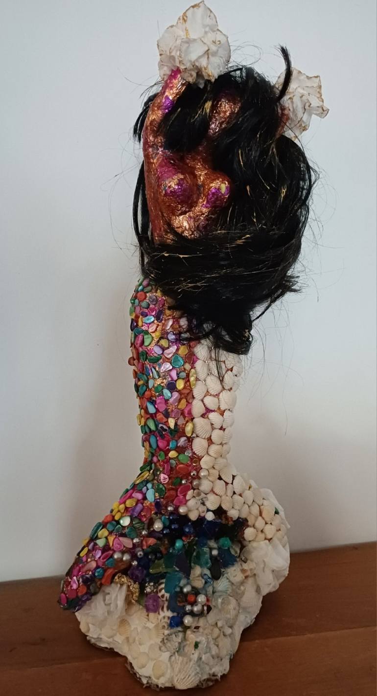 Original Beach Sculpture by Guerry Christiane  Expressionism Art on Mosaic  TALLULAH THE MERMAID
