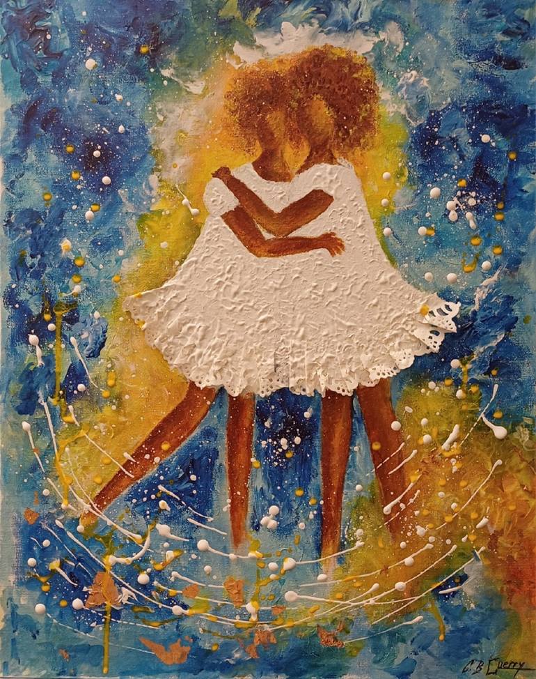 Original Children Painting by Guerry Christiane  Expressionism Art on Canvas  TWO SISTERS