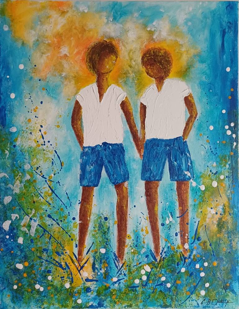 Original Children Painting by Guerry Christiane  Contemporary Art on Canvas  LITTLE GUYS