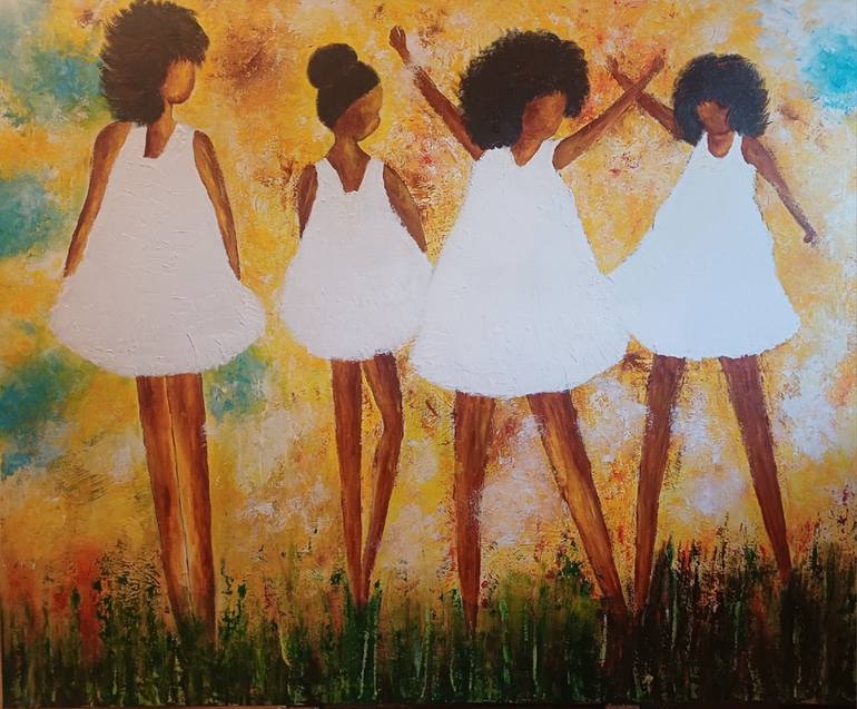 Original Children Painting by Guerry Christiane  Expressionism Art on Canvas  LES PETITES FILLES