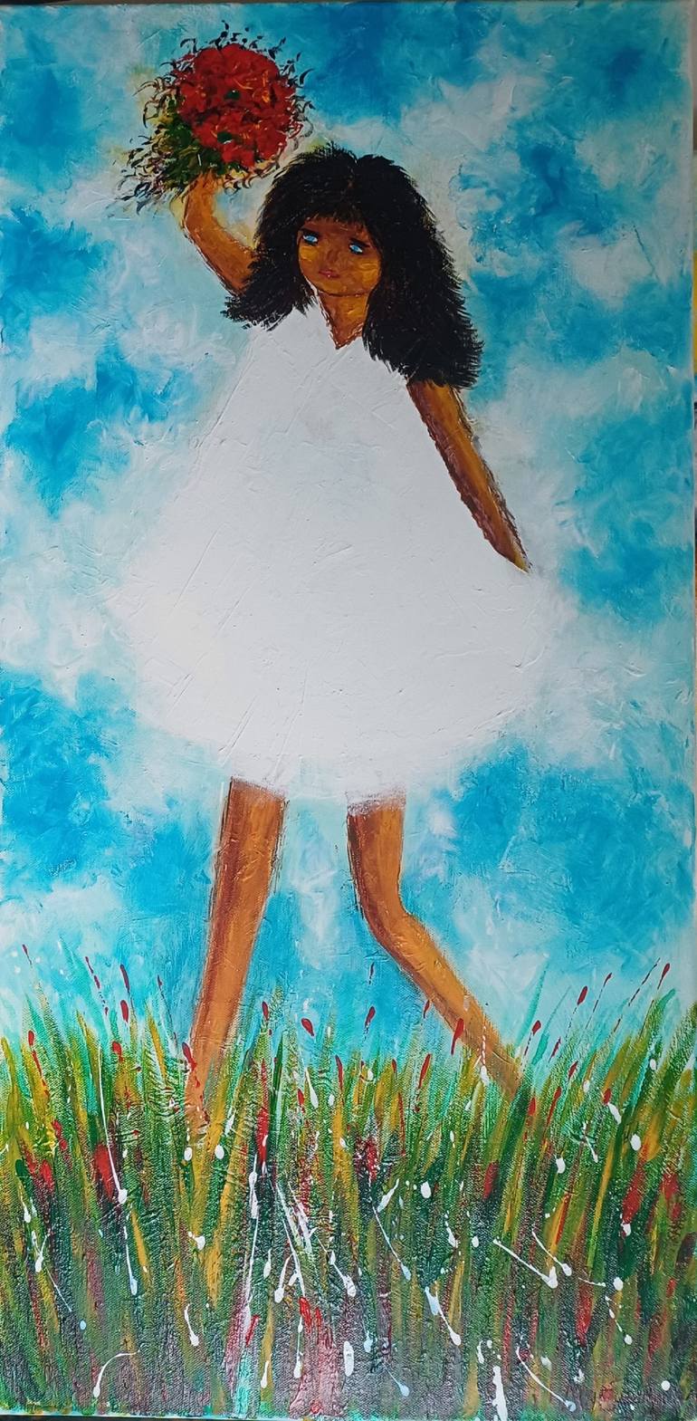 Original Children Painting by Guerry Christiane Expressionism Art on Canvas LA PETITE FILLE AUX YEUX BLEUS